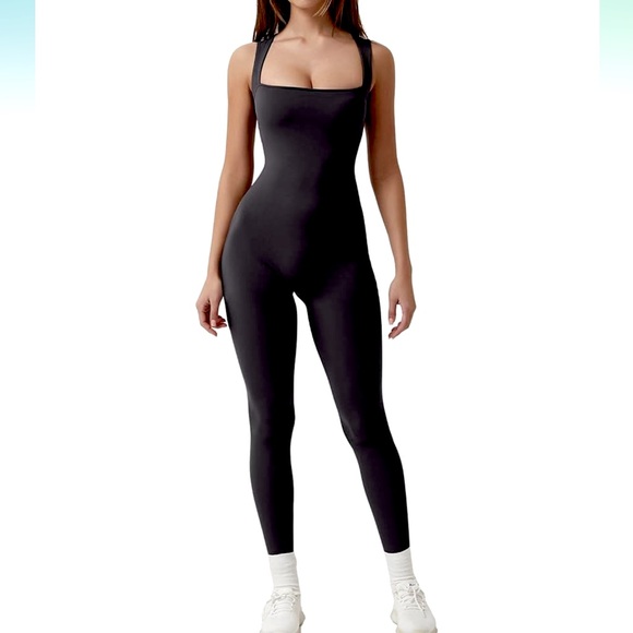 QINSEN Jumpsuit Strappy Square Neck Full Length Leggings Bodycon Onesie Rompers - Picture 1 of 6